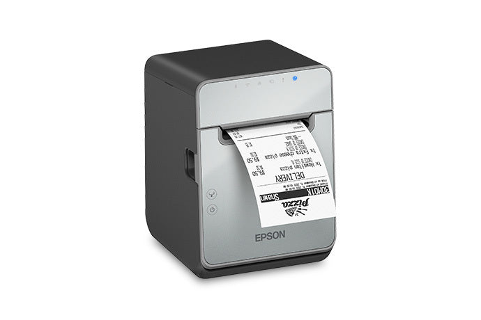 Epson TM-L100 liner-free label and receipt printer, black, USB + Ethernet, UK plug (C31CJ52111A0) – right 3/4 view with receipt