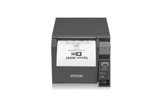 Epson TM-T70II front-loading POS receipt printer, dark grey, Ethernet + USB with buzzer (C31CD38022A1) – front view