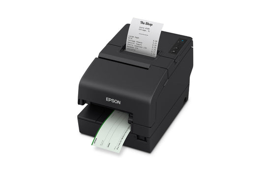 Epson TM-H6000VI hybrid multifunction POS receipt printer with MICR, black, Powered USB (C31CL25116) – processing a cheque and printing a receipt