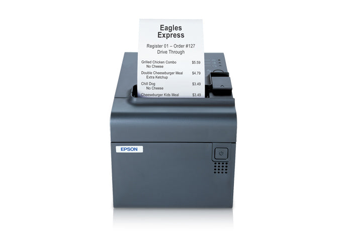 Epson TM-L90 thermal label and receipt printer, dark grey, USB + Ethernet, UK (C31C412465A0) – angled view