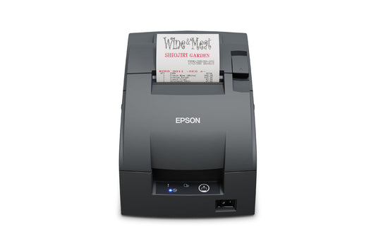Epson TM-U220IIB impact dot matrix POS receipt printer with autocutter, dark grey (Epson Dark Grey), USB (C31CL27102B0) – front view printing a receipt