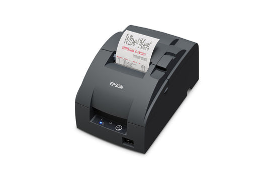 Epson TM-U220IID compact impact dot matrix POS receipt printer, dark grey, serial (C31CL28102F0) – 3/4 view with receipt