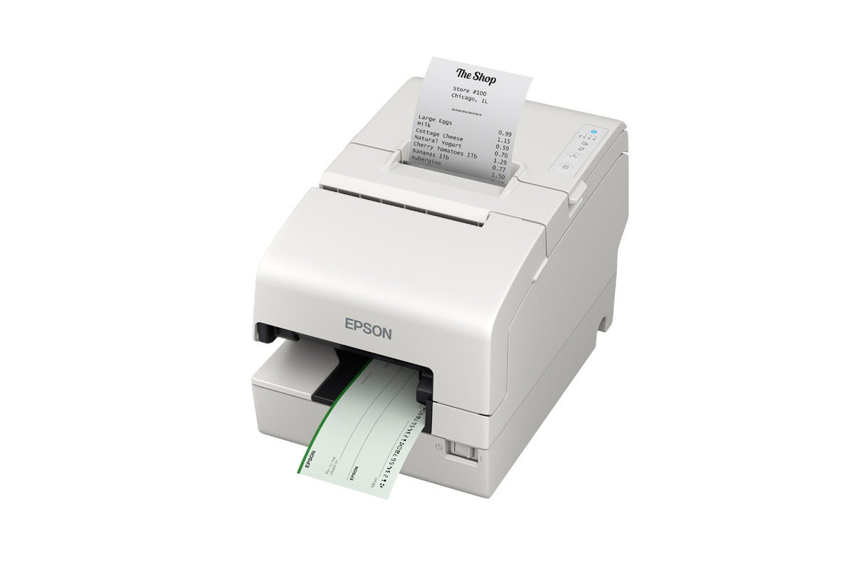 Epson TM-H6000VI hybrid multifunction POS receipt printer with MICR, white, serial (C31CL25111) – processing a cheque and printing a receipt