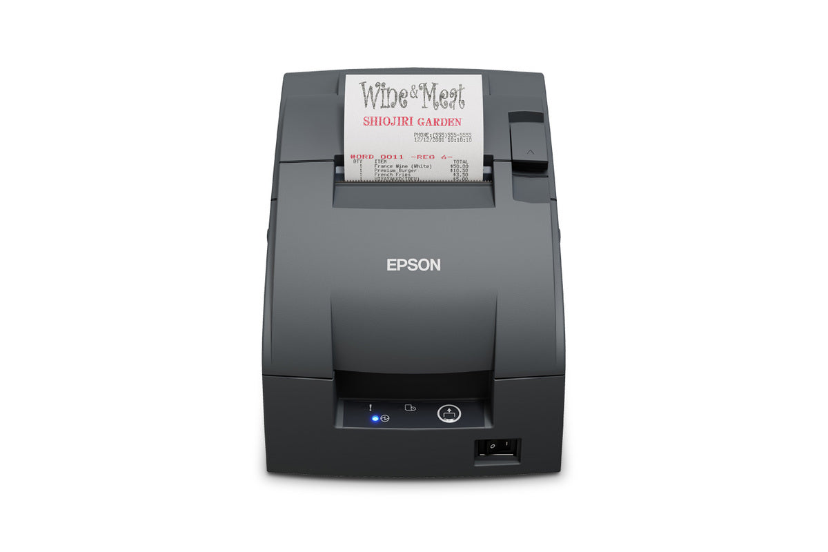 Epson TM-U220IIB impact dot matrix POS receipt printer with autocutter, dark grey (Epson Dark Grey), serial (C31CL27102F2) – front view printing a receipt