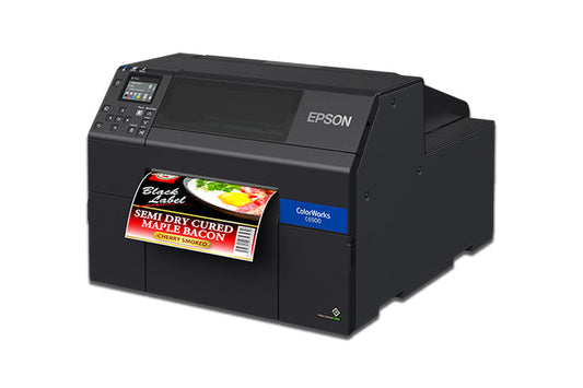 Epson ColorWorks C6500Ae colour label printer, 8-inch, auto cutter, matte black ink, 1200 x 1200 dpi, inkjet (C31CH77102MK) – angled view with printed label