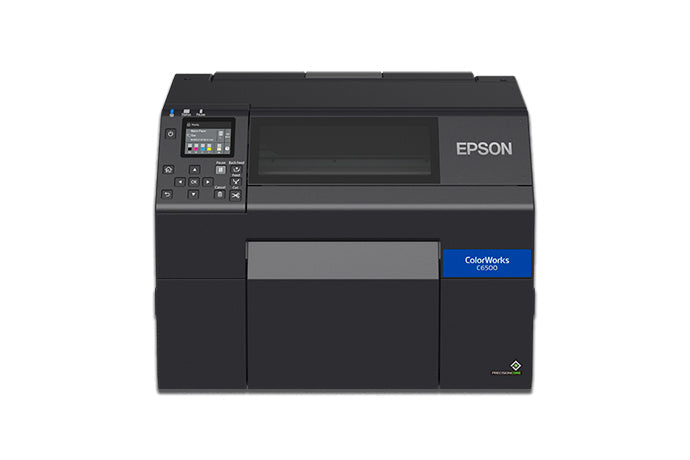 Epson ColorWorks C6500Ae colour label printer, 8-inch, auto cutter, gloss black ink, 1200 x 1200 dpi, inkjet (C31CH77102) – head-on view