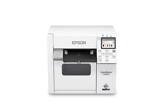 Epson ColorWorks C4000 colour label printer, 4-inch, auto cutter, gloss black ink, 1200 x 1200 dpi, inkjet (C31CK03102BK) – front view