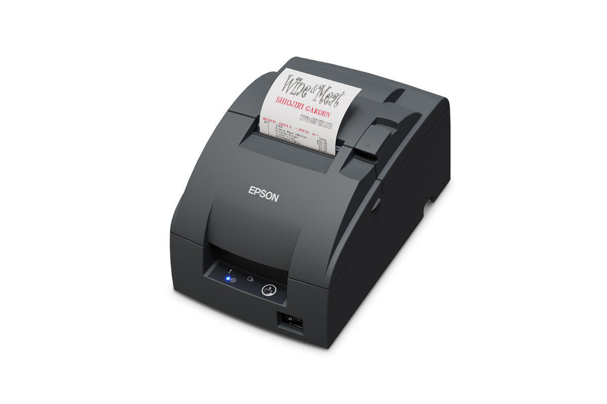 Epson TM-U220IIB impact dot matrix POS receipt printer with autocutter, dark grey (Epson Dark Grey), serial (C31CL27102) – left 3/4 view with receipt