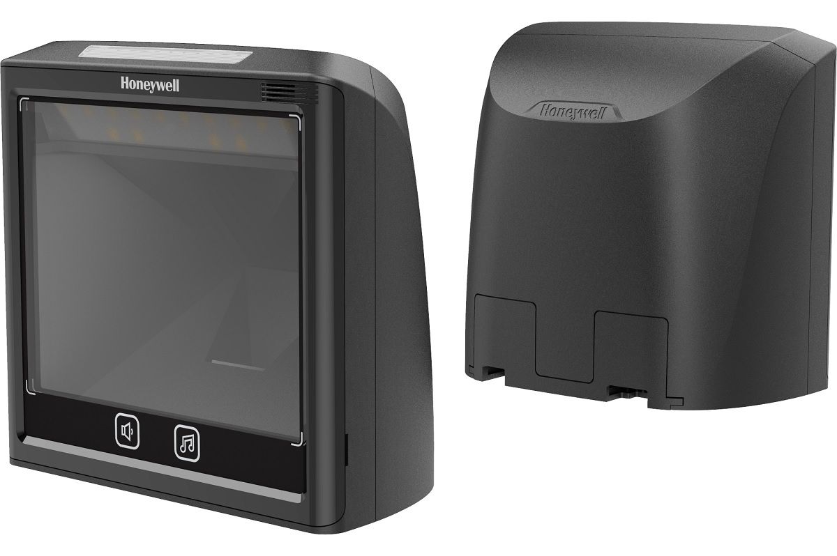 Honeywell Solaris XP 7990g vertical presentation scanner, black (7990G-2SERC-1) – front and rear view