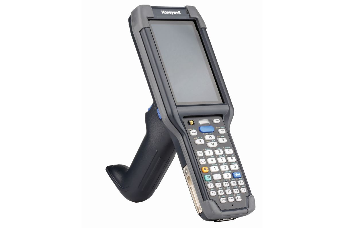 Honeywell CK65 rugged Android mobile computer, 38-key numeric-function keypad, 6803FR 2D imager, Wi-Fi only (CK65-L0N-D8C214E) – angled view with scan handle