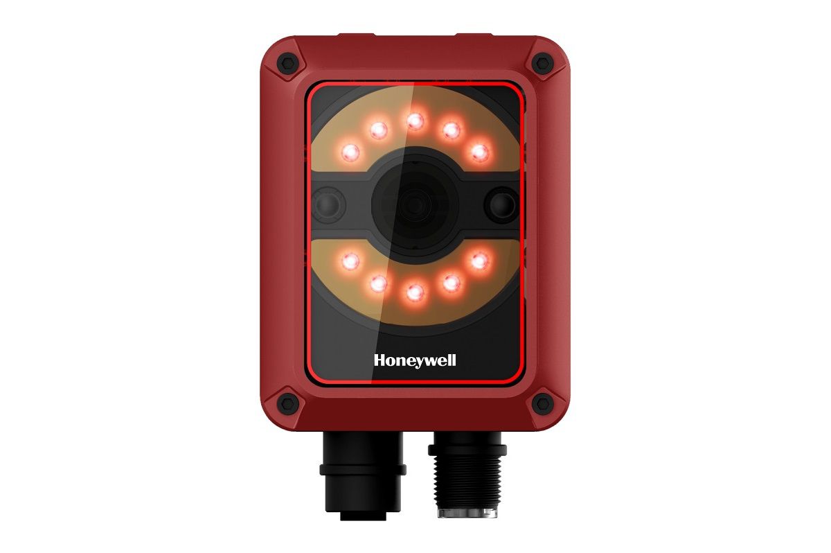 Honeywell HF810 fixed-mount industrial 2D scanner (HF810-11RT00004K-R) – front view with M12 connectors