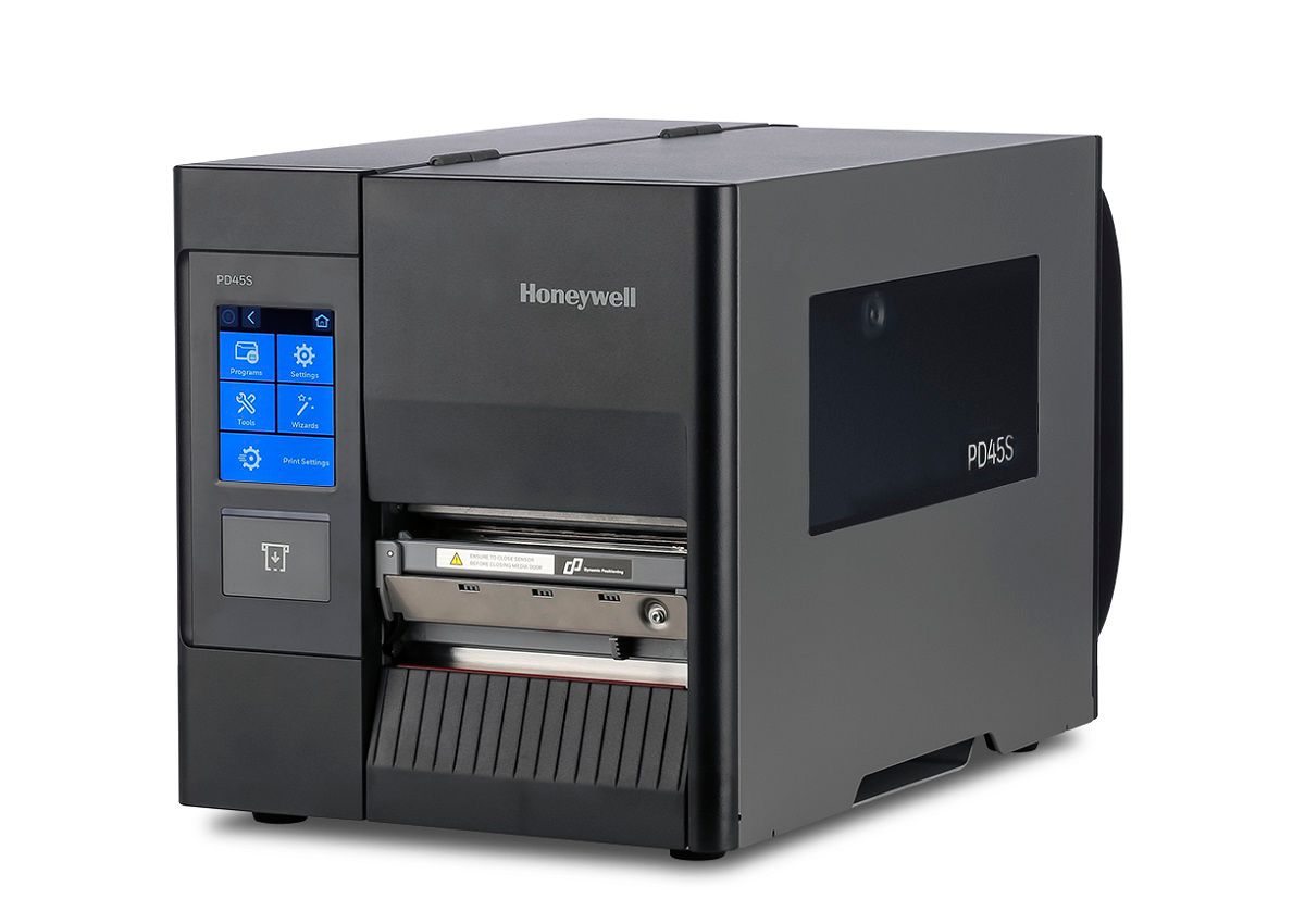 Honeywell PD45S industrial label printer, 3.5-inch colour touchscreen, tear bar, 203 dpi, thermal transfer (PD45S0FE010000200) – angled left view
