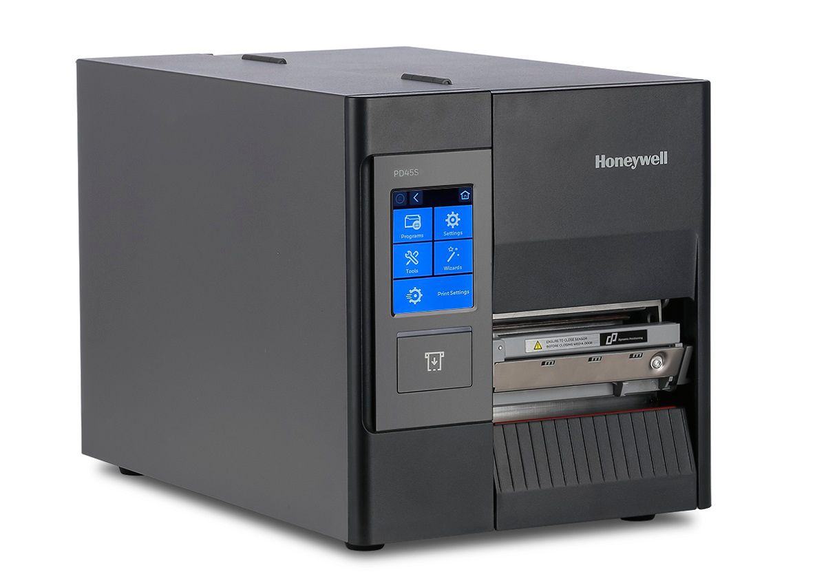 Honeywell PD45S1F industrial label printer, 3.5-inch colour touchscreen, tear bar, 300 dpi, thermal transfer (PD45S1FE010000300) – angled right view