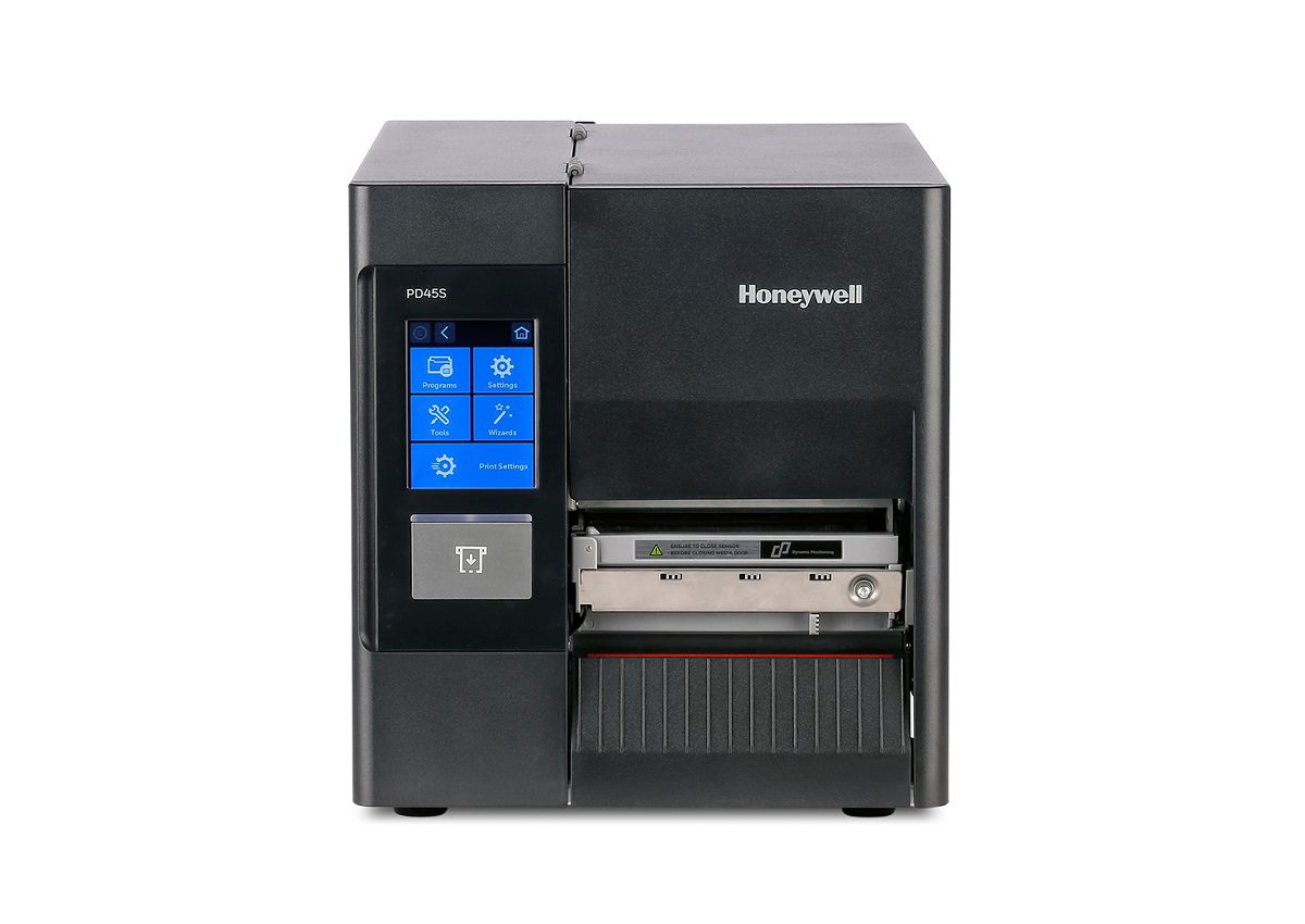 Honeywell PD45S1F industrial label printer, 3.5-inch colour touchscreen, tear bar, 300 dpi, thermal transfer (PD45S1FE010000300) – front view