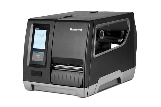 Honeywell PM45 industrial label printer, full touch display, tear bar, 600 dpi, thermal transfer (PM45A10000000600) – angled front view