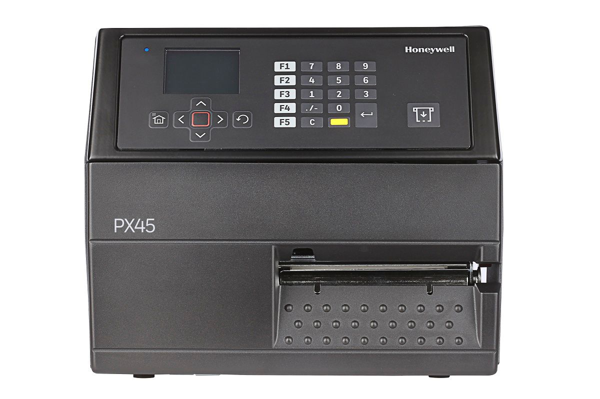 Honeywell PX45 industrial label printer, LCD display with keypad, tear bar, parallel port, 203 dpi, thermal transfer (PX45A00010000200) – front view
