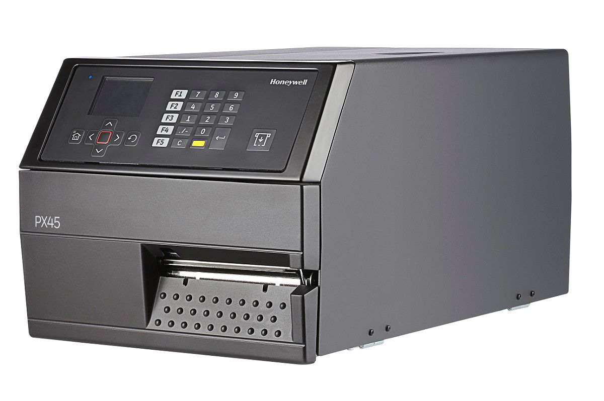 Honeywell PX45 industrial label printer, LCD display with keypad, tear bar, Wi-Fi, 203 dpi, thermal transfer (PX45A02000000200) – left angled view