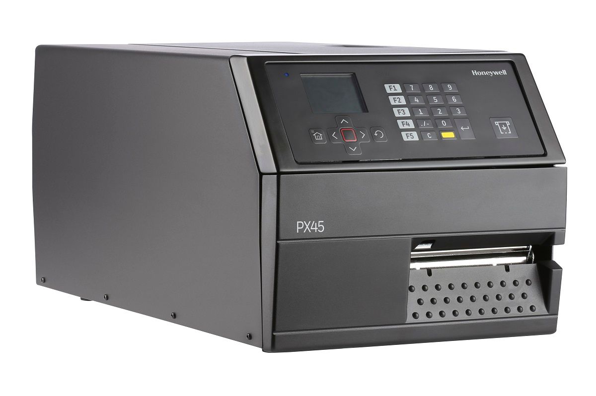 Honeywell PX45 industrial label printer, LCD display with keypad, tear bar, UHF RFID, 203 dpi, thermal transfer (PX45A00EU0000200) – right angled view