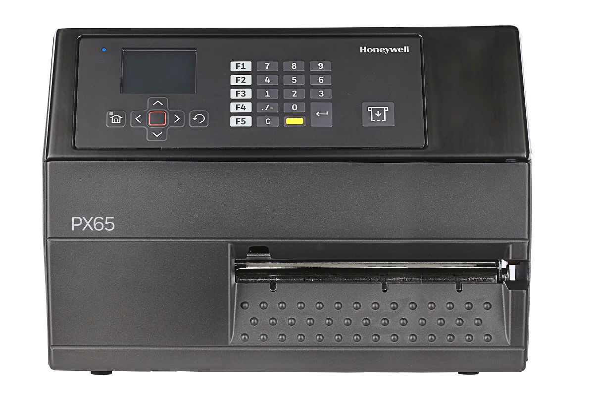 Honeywell PX65 industrial label printer, LCD display with keypad, tear bar, parallel port, 300 dpi, thermal transfer (PX65A00010000300) – front view