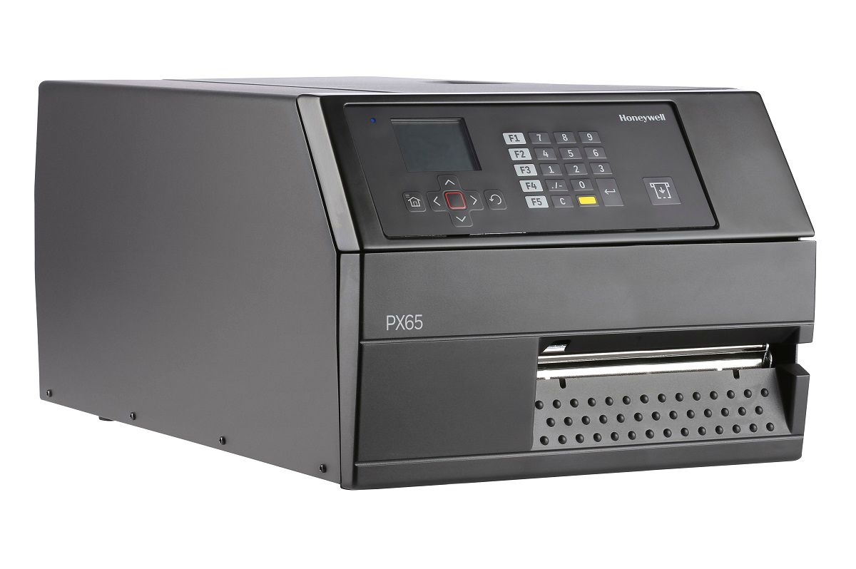 Honeywell PX65 industrial label printer, LCD display with keypad, tear bar, parallel port, 203 dpi, thermal transfer (PX65A00010000200) – right angled view