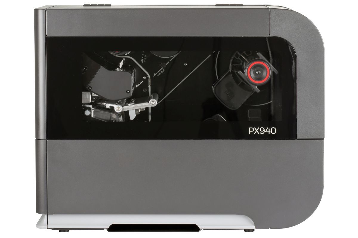 Honeywell PX940V industrial label printer with integrated barcode verifier, colour touch display, tear bar, 300 dpi, thermal transfer (PX940V30100000300) – side view through clear media door