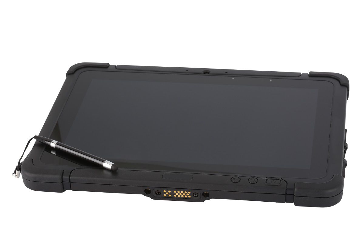 Honeywell RT10A 10.1" rugged Android tablet with N6703 standard-range imager, Wi-Fi (RT10A-L0N-17C12S0E) – angled view with stylus