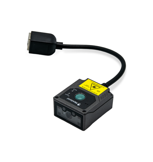 Newland FM430 Barracuda fixed-mount 2D scanner, laser aimer, short USB kit (NLS-FM430L-00) – 3/4 view with attached cable