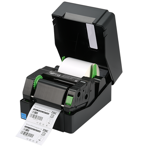 TSC TE300 desktop thermal transfer label printer, 300 dpi, USB, black (99-065A701-00LF00) – open cover, ribbon and media loaded