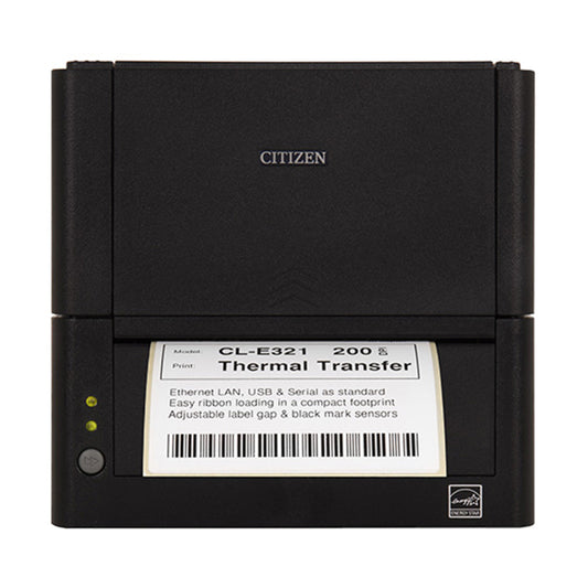 Citizen CL-E331 4-inch thermal transfer desktop label printer, 300 dpi, USB, RS-232 and Ethernet, black (CLE331XEBXXX) – front view with label, black