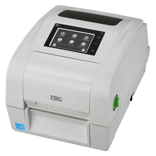 TSC TH340RHC 4-inch healthcare desktop UHF RFID label printer, 300 dpi, touch display, cutter, white (TH340RHC-A001-0022) – angled view