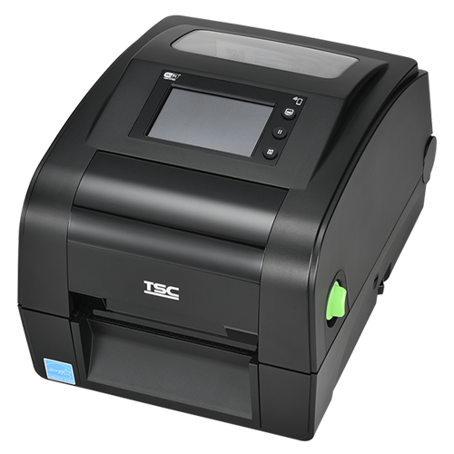 TSC TH340R 4-inch desktop UHF RFID label printer, 300 dpi, touch display, Bluetooth, care label cutter, black (TH340R-A001-0232) – angled view