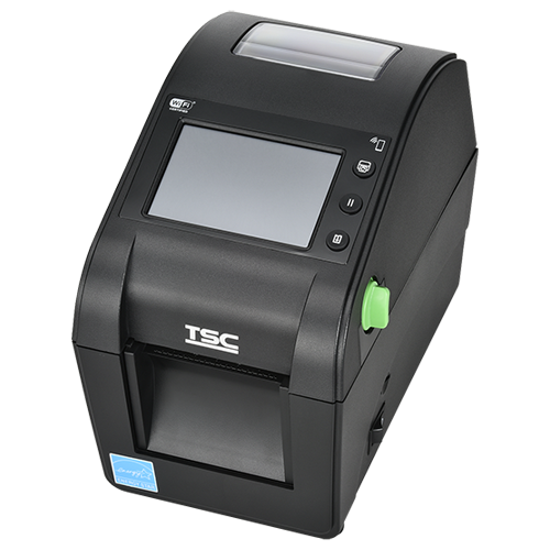 TSC DH220T 2-inch desktop direct thermal label printer, 203 dpi, touch display, black (DH220-A001-0002) – angled view