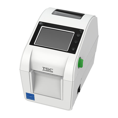 TSC DH220LHC healthcare desktop label printer, white, touch LCD, linerless cutter, Bluetooth (DH220LHC-A001-0232) – angled view