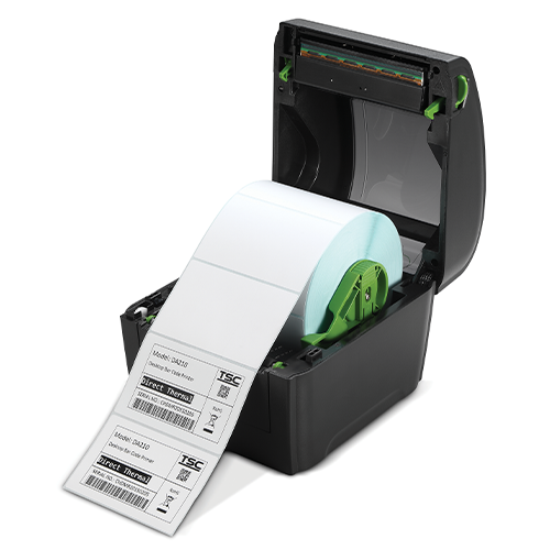 TSC DA320 4-inch direct thermal desktop label printer, 300 dpi, USB + RS-232 + Ethernet + Wi-Fi, black (99-158A020-1702) – angled view