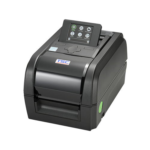 TSC TX210 4-inch desktop thermal transfer label printer, 203 dpi, colour LCD, black (TX210-A001-1203) – angled view