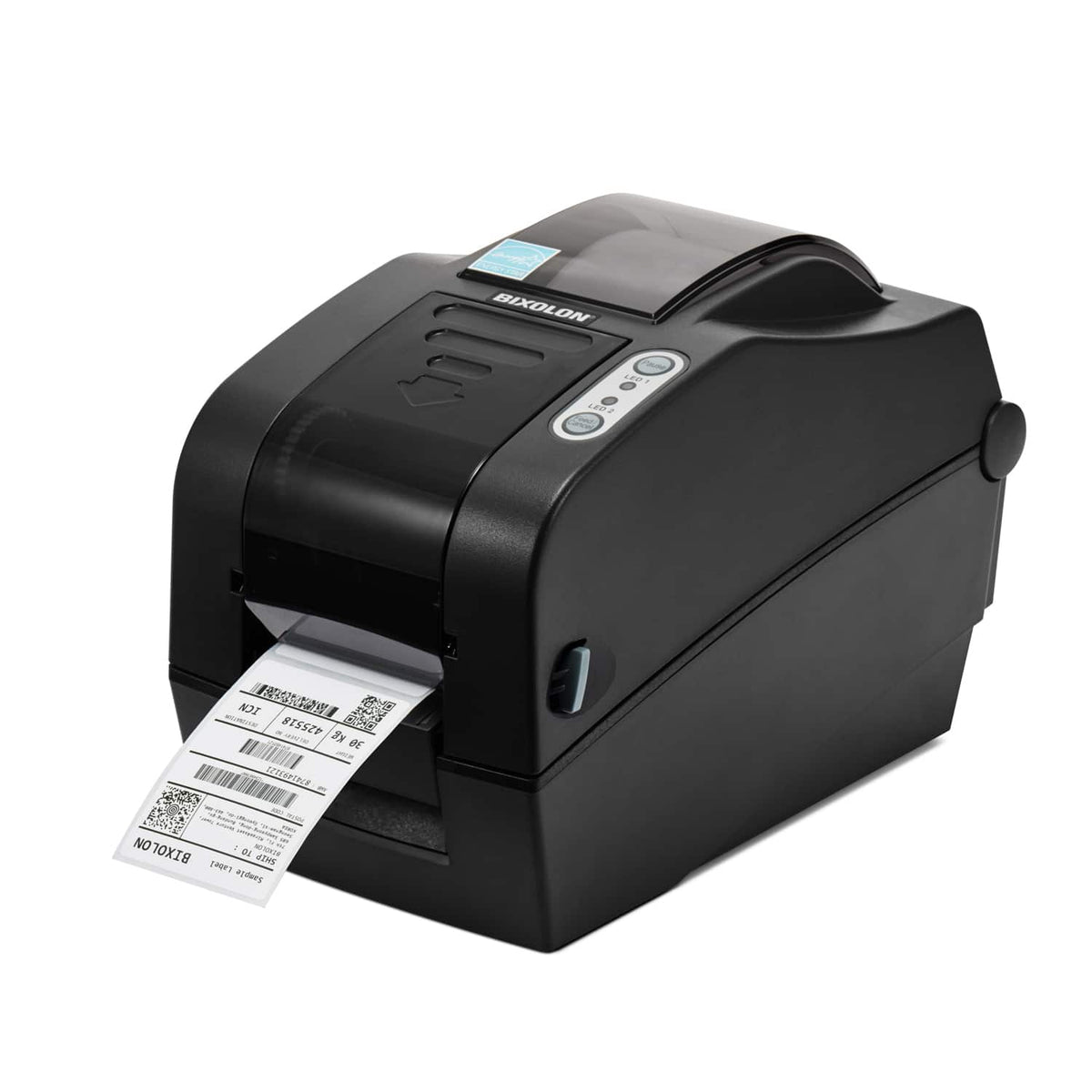 BIXOLON SLP-TX220 2-inch thermal transfer desktop label printer, dark grey (SLP-TX220EG) – front view with label