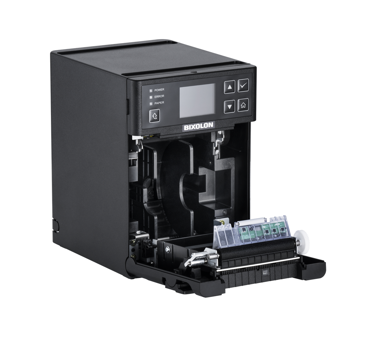 BIXOLON SRP-S300II 3-inch linerless label & receipt printer, black (SRP-S300IIXWDaK/BEG) – open paper compartment