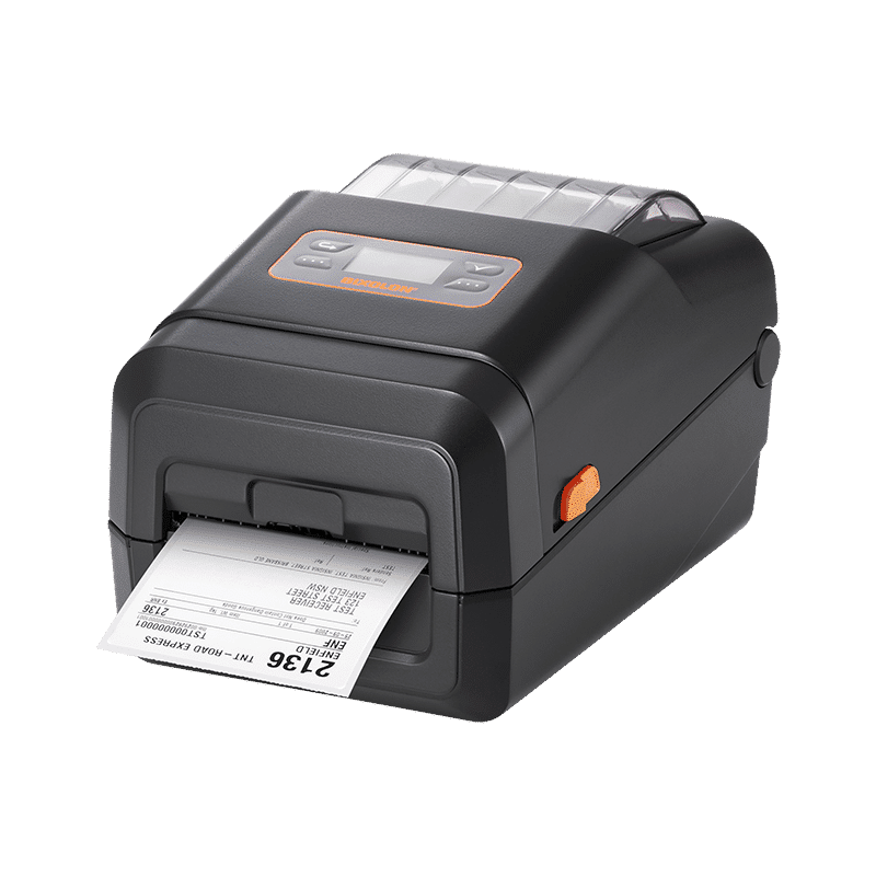 BIXOLON XL5-40CT linerless desktop label printer with LCD and auto cutter, 203 dpi, USB, Ethernet, Bluetooth, dark grey (XL5-40CTOEBG/BEG) – printing a label