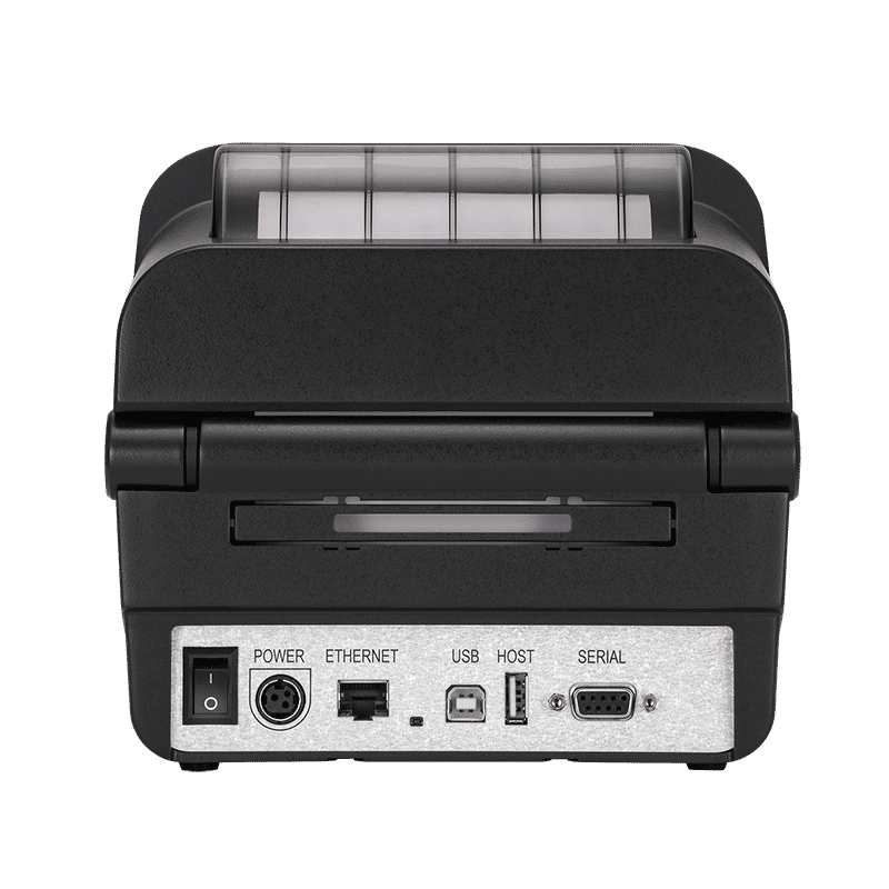 BIXOLON XL5-40CT linerless desktop label printer with LCD and auto cutter, 203 dpi, USB, Ethernet, Bluetooth, dark grey (XL5-40CTOEBG/BEG) – rear interfaces