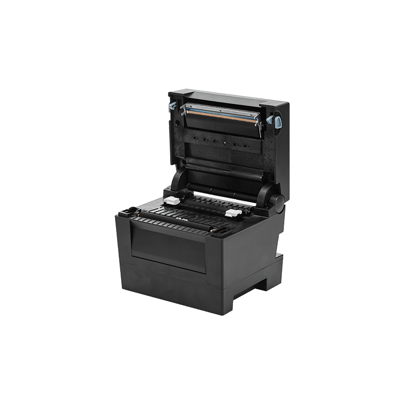 BIXOLON SLP-DL410 compact desktop label printer, direct thermal, 203 dpi, USB + Ethernet, black (SLP-DL410EK/beg) – open cover