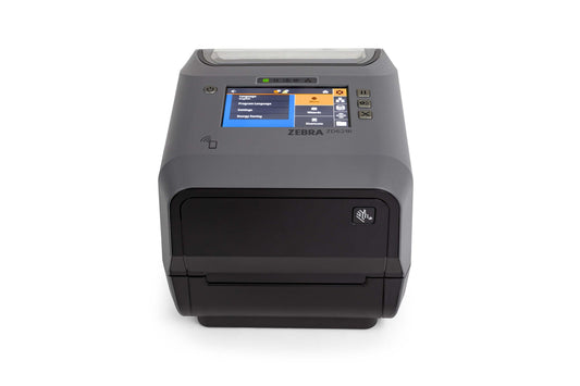 Zebra ZD621R 4-inch thermal transfer UHF RFID desktop label printer, grey, colour touch display, 203 dpi, cutter, USB + Ethernet + RS-232 (ZD6A142-32EFR2EZ) – front view