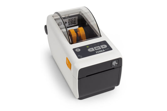 Zebra ZD411-HC healthcare desktop label printer, white, 300 dpi, USB + Ethernet (ZD4AH23-D0EE00EZ) – front view