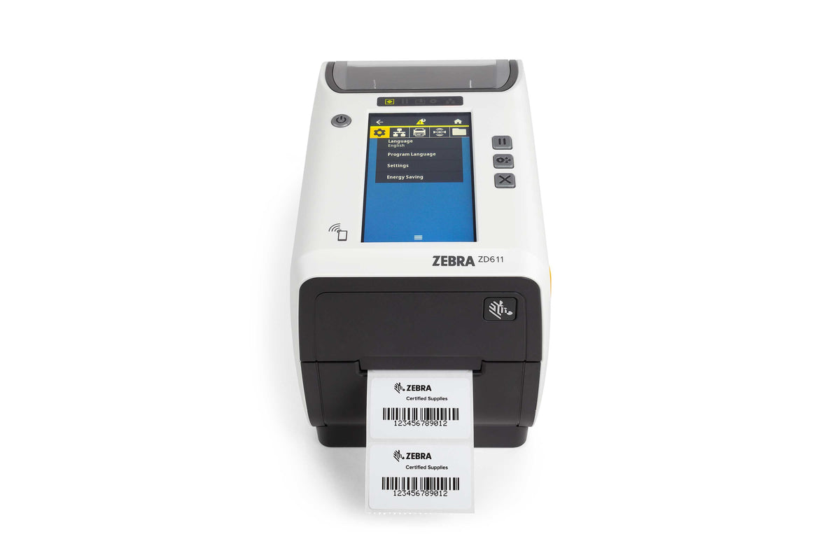 Zebra ZD611t-HC 2-inch thermal transfer healthcare desktop label printer, white, 203 dpi, tear-off, USB + Ethernet (ZD6AH22-T0EE00EZ) – printing a label