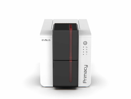 Evolis Primacy 2 plastic card printer, single-sided, LED panel, USB + Wi-Fi, 300 dpi, dye sublimation / thermal transfer (PM2-0003-E) – front view