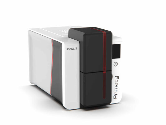 Evolis Primacy 2 plastic card printer, single-sided, colour LCD touchscreen, USB + Ethernet, 300 dpi, dye sublimation / thermal transfer (PM2-0002-E) – angled view