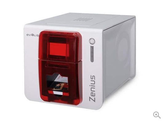 Evolis Zenius Classic plastic card printer, fire red, single-sided, USB, 300 dpi, dye sublimation / thermal transfer (ZN1U0000RS) – angled view