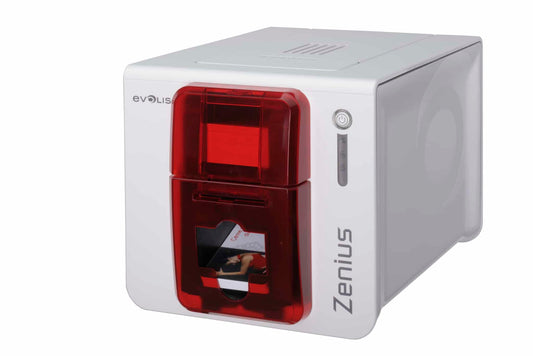Evolis Zenius Expert plastic card printer, fire red, single-sided, USB + Ethernet, contactless encoder, 300 dpi, dye sublimation / thermal transfer (ZN1H00HSRS) – front view