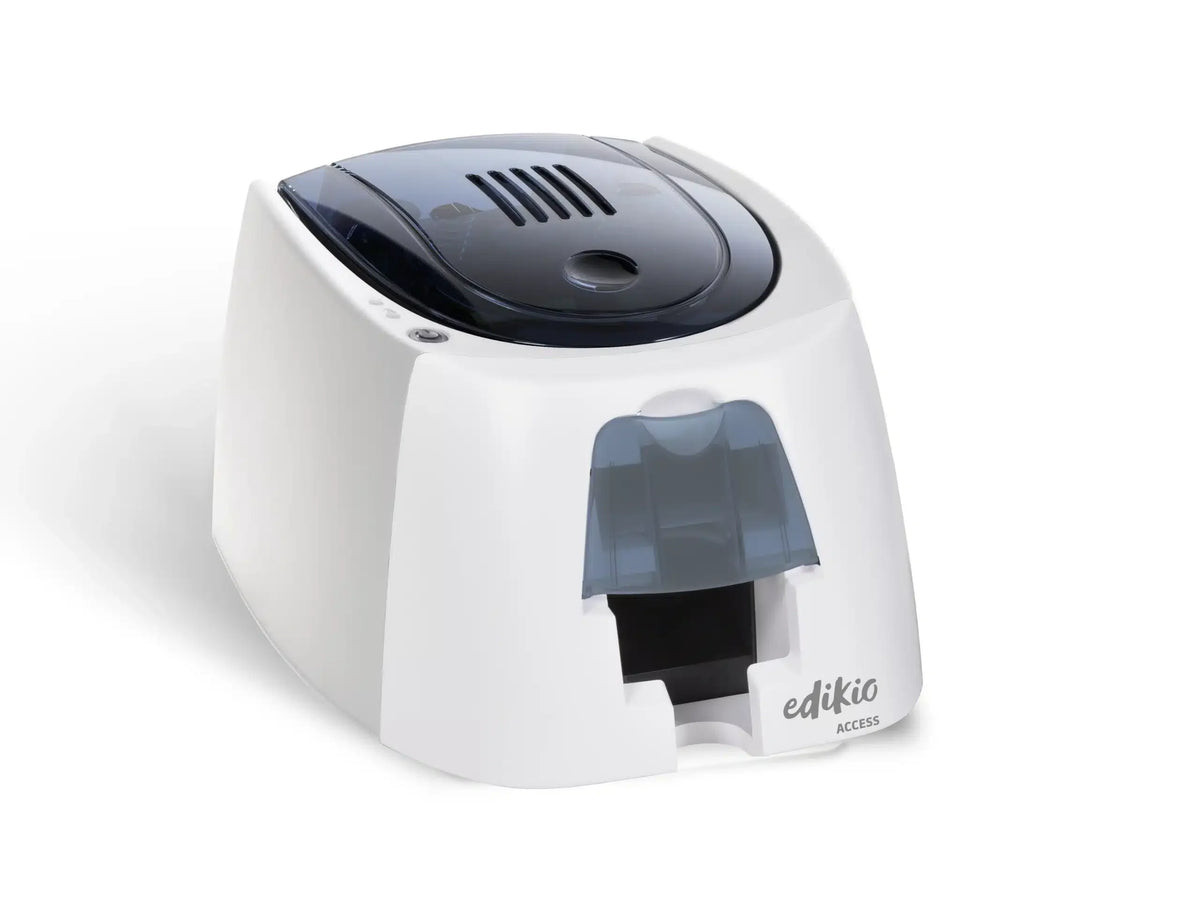 Evolis Edikio Access Guest plastic card printer, single-sided monochrome, USB, with Guest software, black cards + white ribbon, 300 dpi, thermal transfer (EA2U0000BS-BS011) – front view