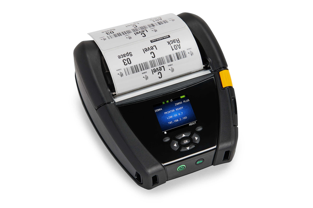 Zebra ZQ630 Plus mobile receipt and label printer, black, Wi-Fi + Bluetooth, linerless (ZQ63-AUW2E14-00) – printing a label