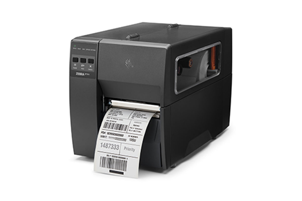 Zebra ZT111 industrial label printer, tear-off, 203 dpi, thermal transfer (ZT11142-T0E000FZ) – side view printing a label